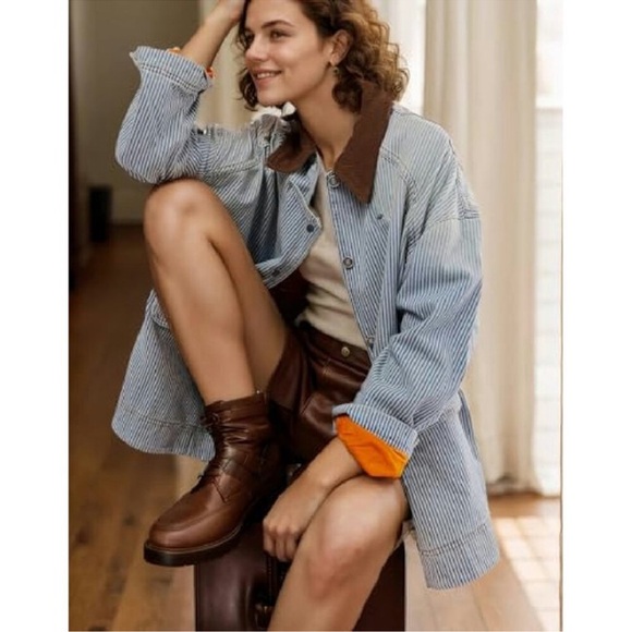 Oversized Denim Jacket with Corduroy Collar, Button Down, Long Sleeve new - Picture 5 of 10